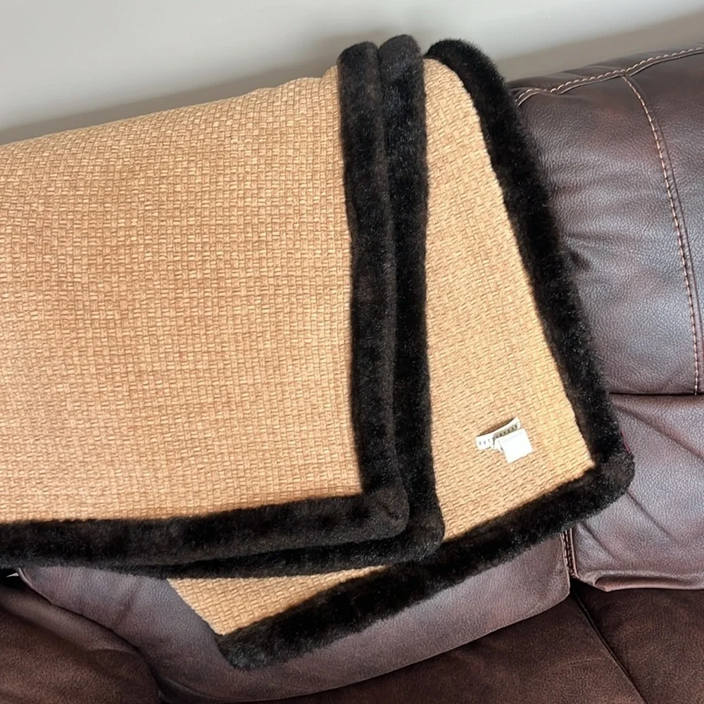 Pottery Barn throw blanket tan natural basket weave dark brown faux fur trim
